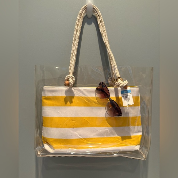 NWT J.McLaughlin Harper Clear Yellow Stripe Tote Stadium Beach Bag Rope - Picture 2 of 12